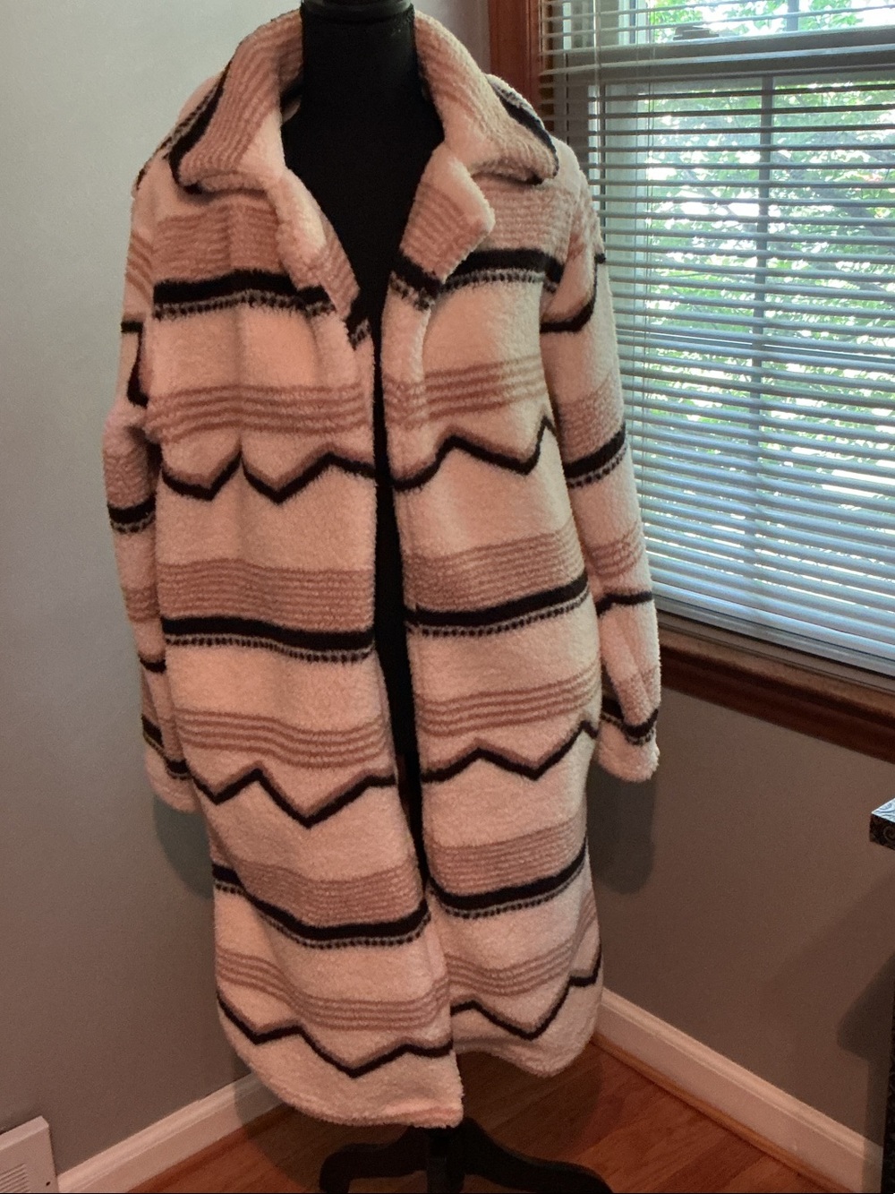 Billabong Ivory and Black Striped Fleece Cardigan Coat